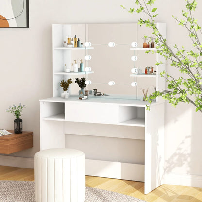 Kjempefint hvitt sminkebord med LED-lys, 100x40x135 cm