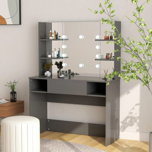Stort grått sminkebord med LED-lys, 100x40x135 cm