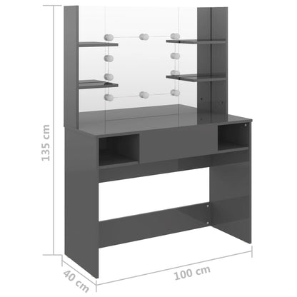 Grått stort sminkebord med LED-lys, 100x40x135 cm