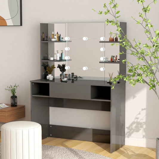 Grått stort sminkebord med LED-lys, 100x40x135 cm