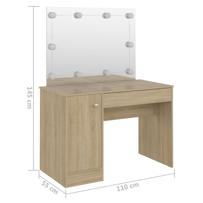 Sminkebord med LED-lys, eik, 110x55x145 cm