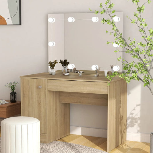 Sminkebord med LED-lys, eik, 110x55x145 cm