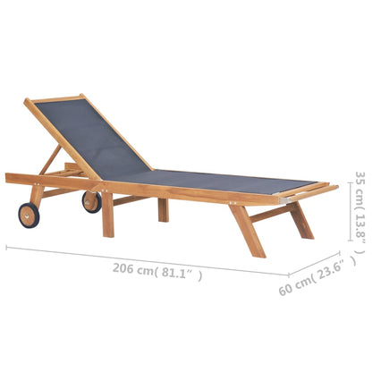 Foldbar solseng med hjul, 2 stk, heltre teak og tekstil