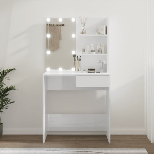 Sminkebord med LED høyglans hvit 74,5x40x141 cm