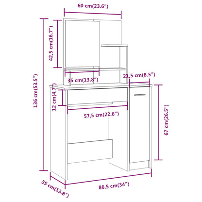 Sminkebord med speil, eik, 86,5x35x136 cm