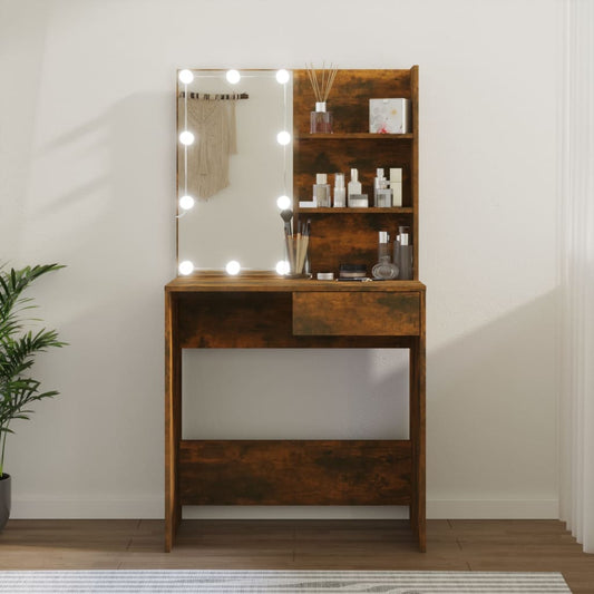 Sminkebord med LED-lys, brun eik, 74,5x40x141 cm