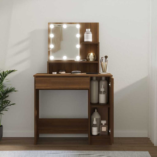 Sminkebord med LED-lys, brun eik, 86,5x35x136 cm