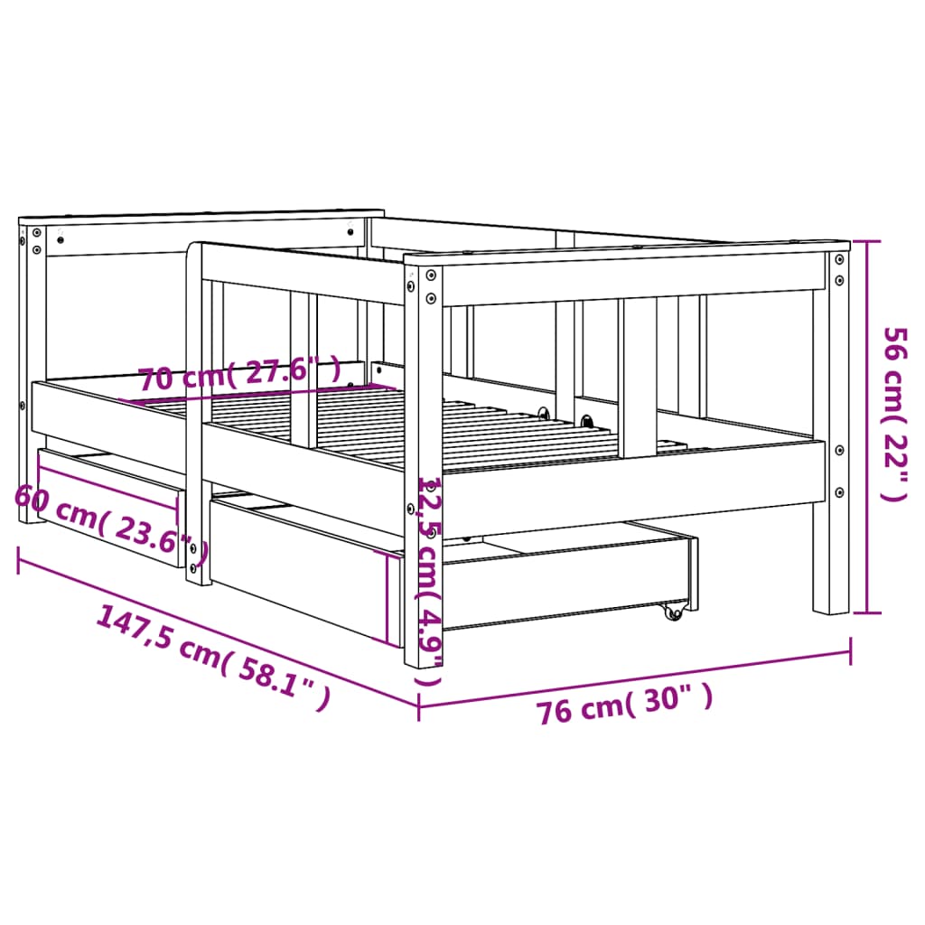 Barnesengeramme med skuffer 70x140 cm heltre furu