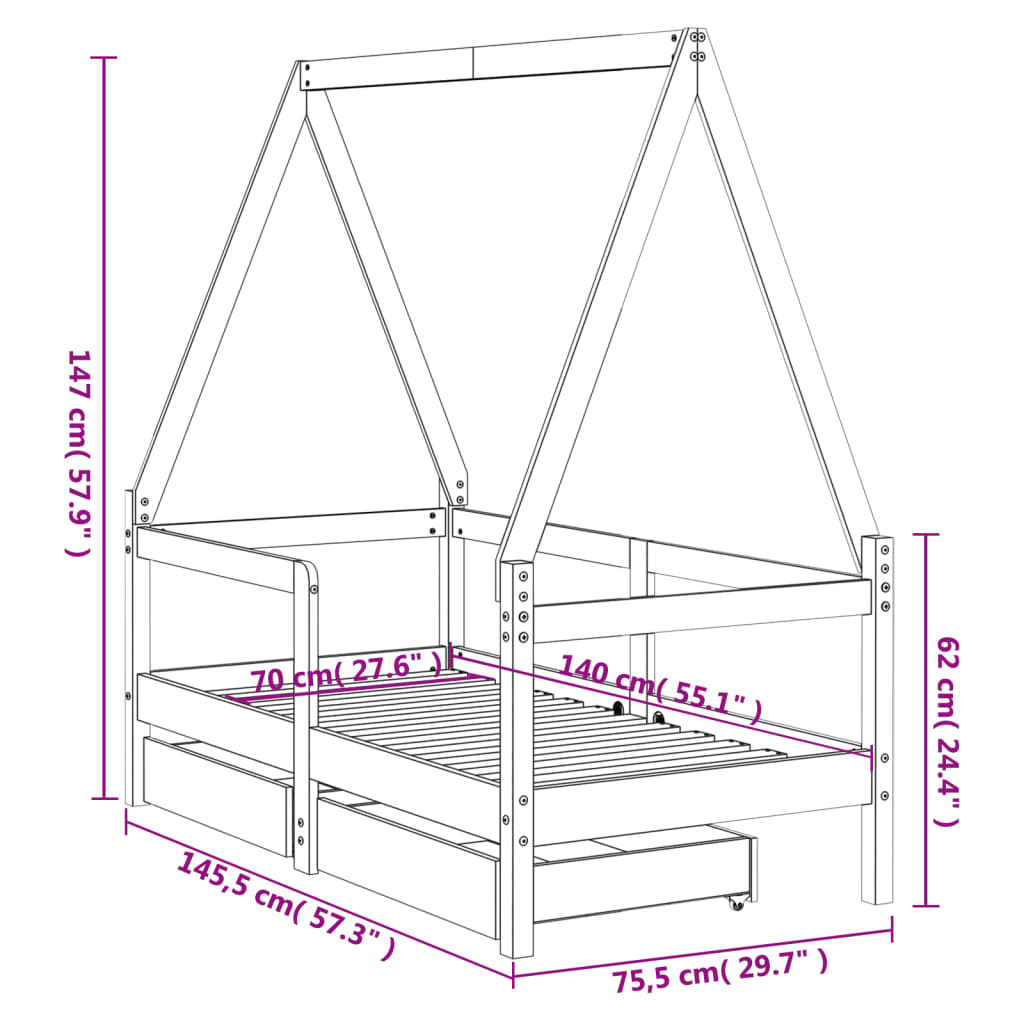 Barnesengeramme med skuffer 70x140 cm heltre furu