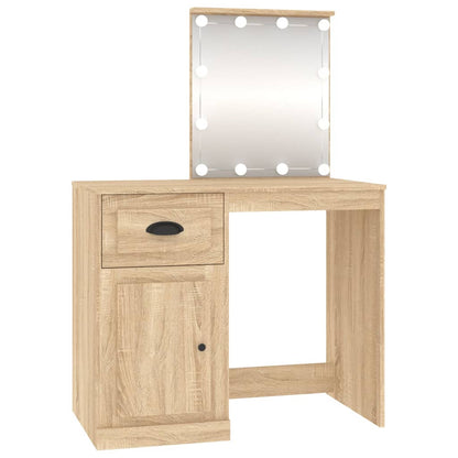 Sminkebord med LED-lys, eik, 90x50x132,5 cm