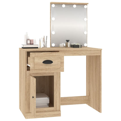 Sminkebord med LED-lys, eik, 90x50x132,5 cm