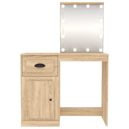 Sminkebord med LED-lys, eik, 90x50x132,5 cm