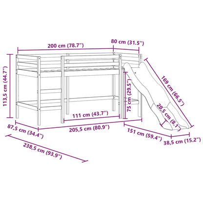 Køyeseng for barn med sklie svart 80x200 cm heltre furu