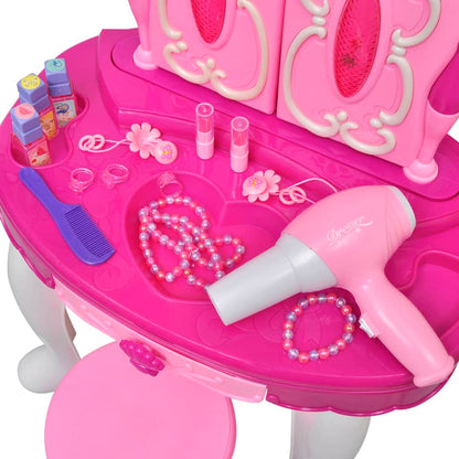 Rosa sminkebord for barn med speil, lys, lyd og mye tilbehør