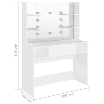 Kjempefint hvitt sminkebord med LED-lys, 100x40x135 cm