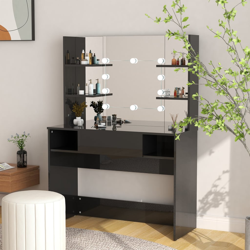 Stort svart sminkebord med LED-lys, 100x40x135 cm
