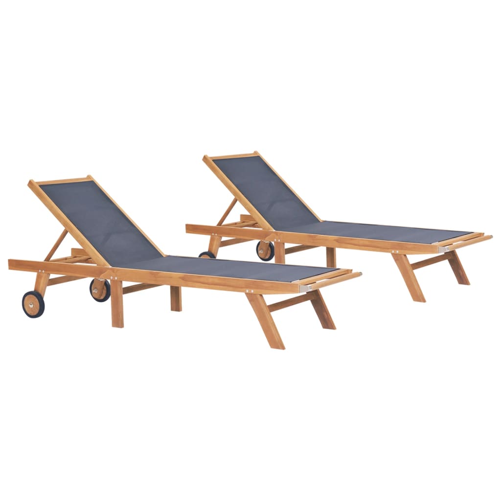 Foldbar solseng med hjul, 2 stk, heltre teak og tekstil