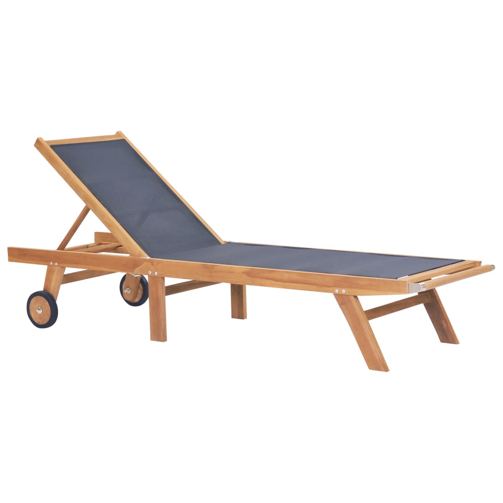 Foldbar solseng med hjul, 2 stk, heltre teak og tekstil
