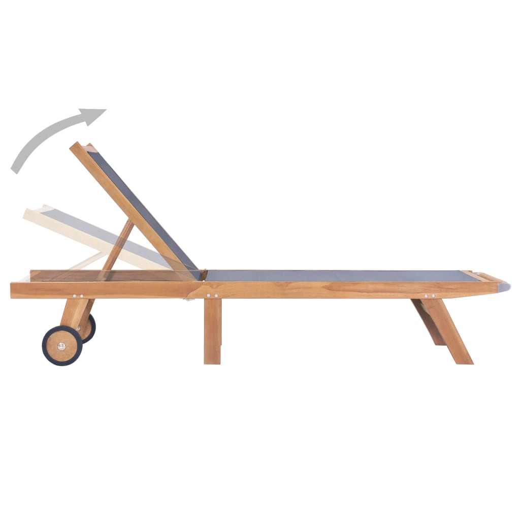 Foldbar solseng med hjul, 2 stk, heltre teak og tekstil
