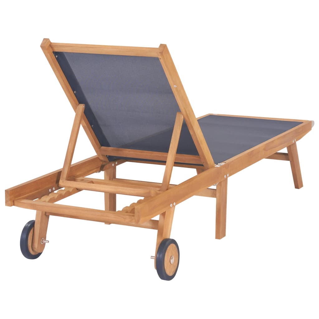 Foldbar solseng med hjul, 2 stk, heltre teak og tekstil