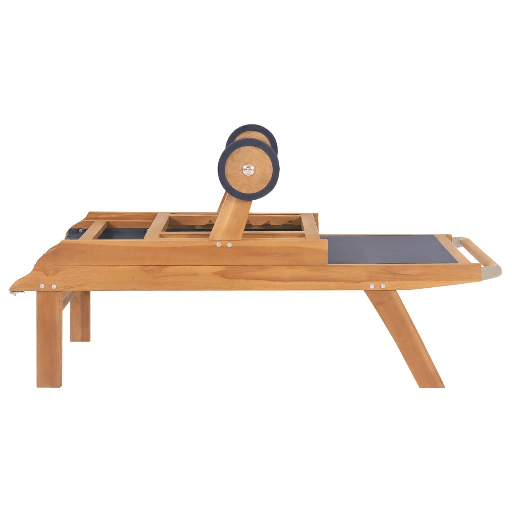 Foldbar solseng med hjul, 2 stk, heltre teak og tekstil
