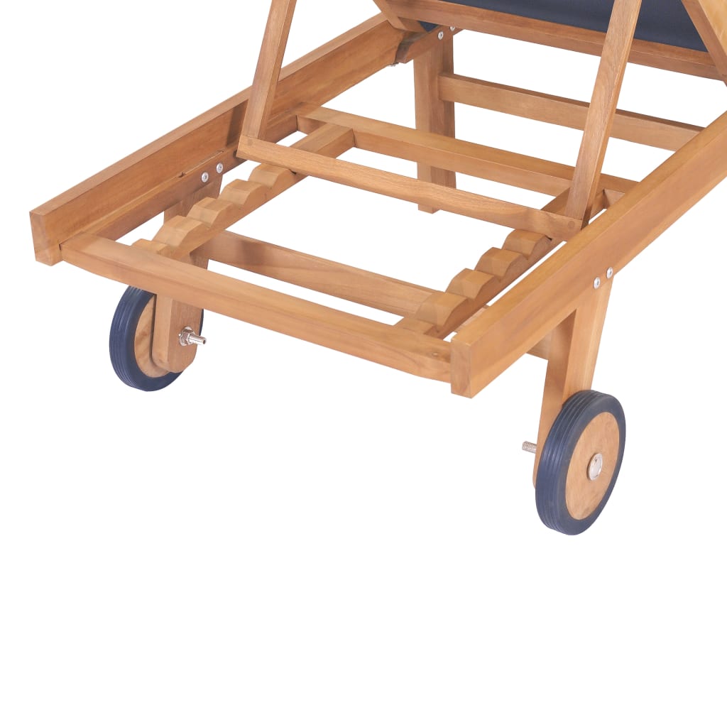 Foldbar solseng med hjul, 2 stk, heltre teak og tekstil