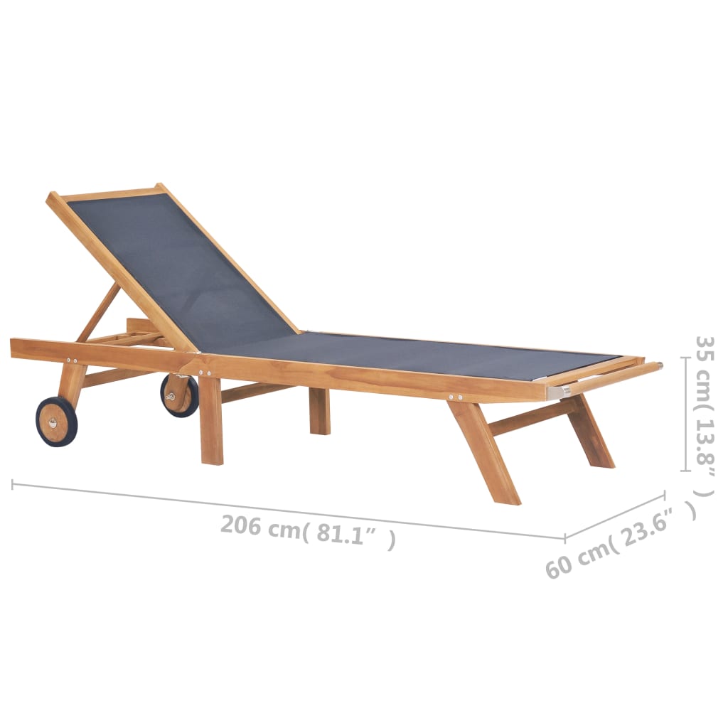 Foldbar solseng med hjul, 2 stk, heltre teak og tekstil