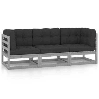 Hagesofa med svarte puter 3-seters heltre furu