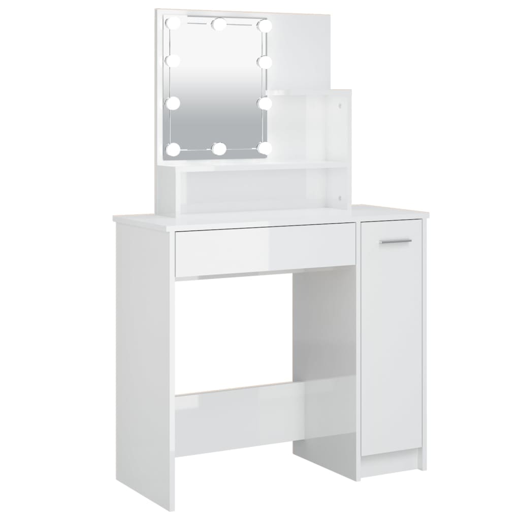 Sminkebord med LED-lys – Høyglans Hvit, 86,5x35x136 cm