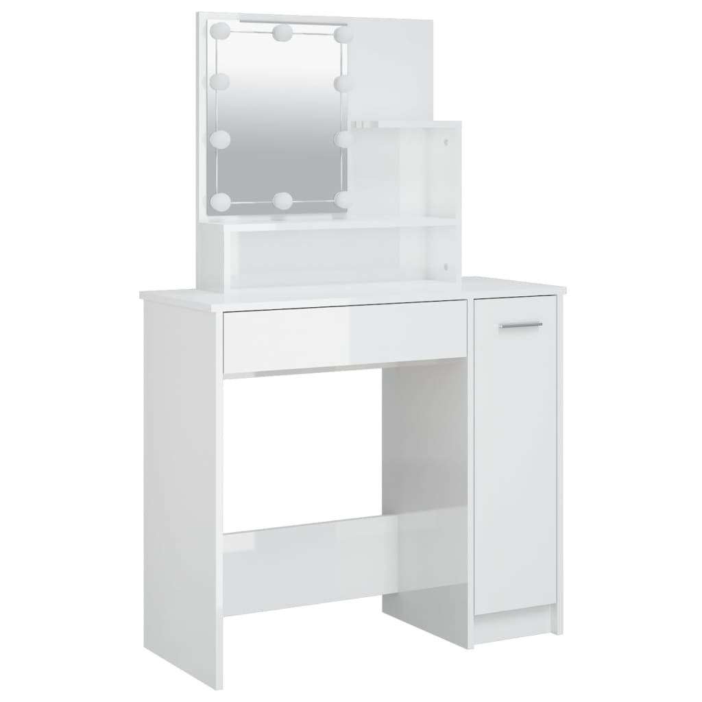 Sminkebord med LED-lys – Høyglans Hvit, 86,5x35x136 cm