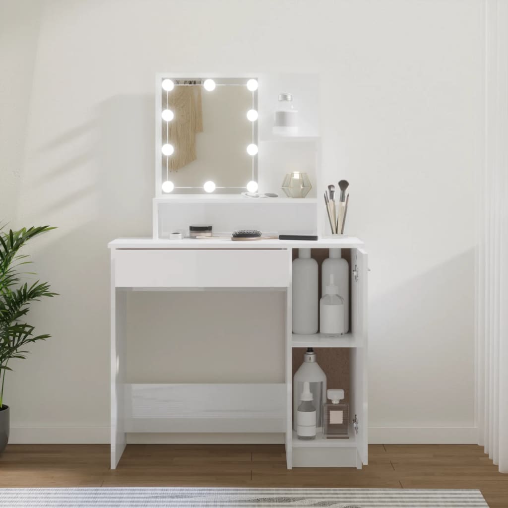 Sminkebord med LED-lys – Høyglans Hvit, 86,5x35x136 cm