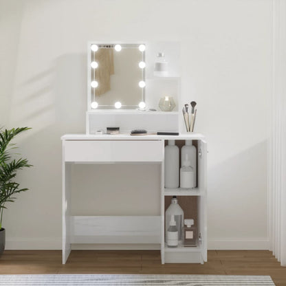 Sminkebord med LED-lys – Høyglans Hvit, 86,5x35x136 cm