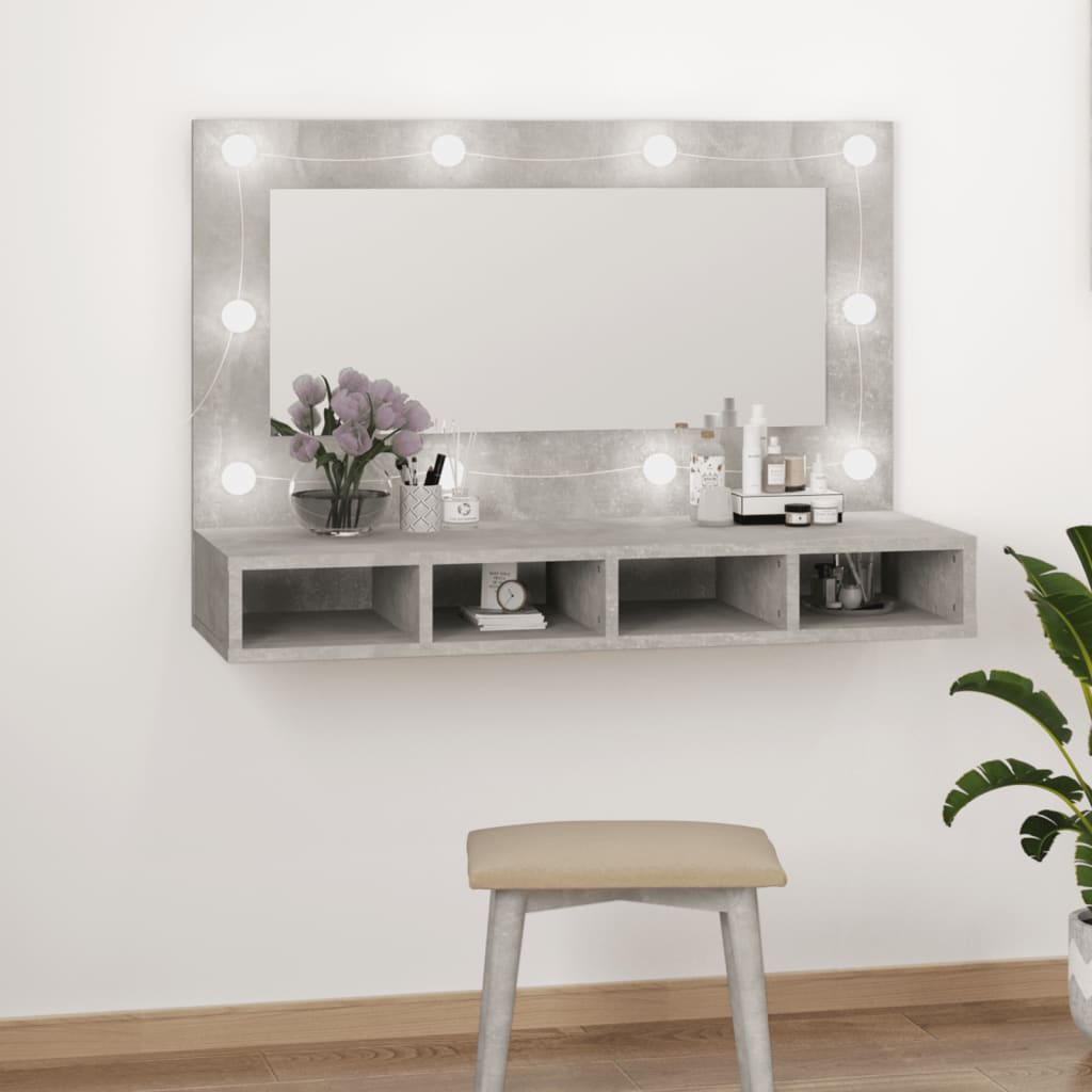 Speilskap med LED-lys, betonggrå, 90x31,5x62 cm