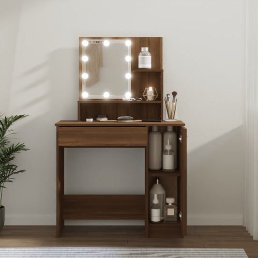 Sminkebord med LED-lys, brun eik, 86,5x35x136 cm