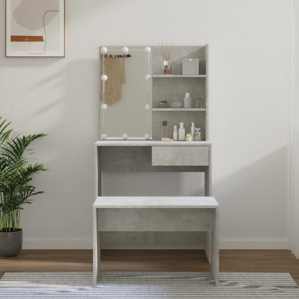 Sminkebord med LED og krakk, betonggrå