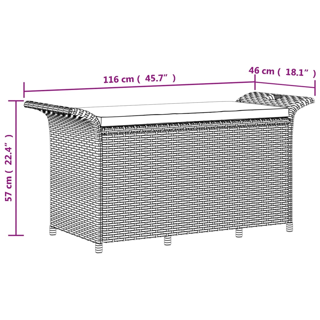 Hagebenk med pute, brun, 116x46x57 cm