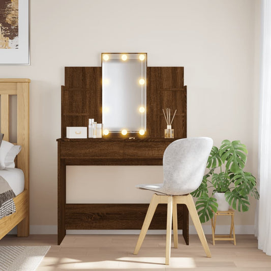 Sminkebord med LED-lys, brun eik, 96x40x142 cm