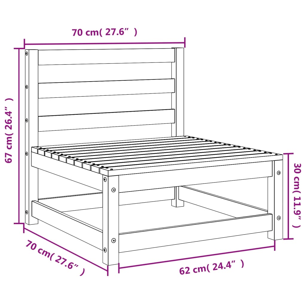 Hagesofa uten armlener hvit 70x70x67 cm heltre furu